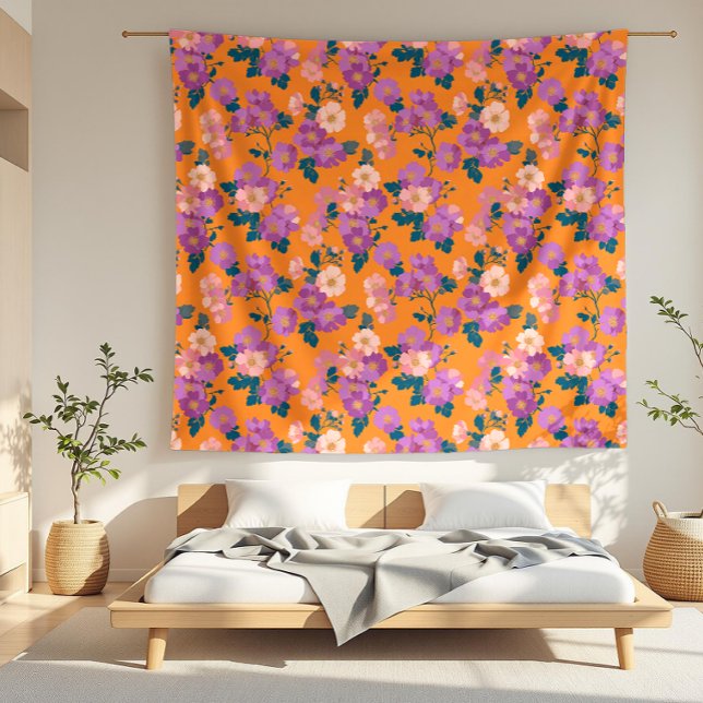 Couverture Polaire Floral rose et violet moderne sur orange (Créateur téléchargé)