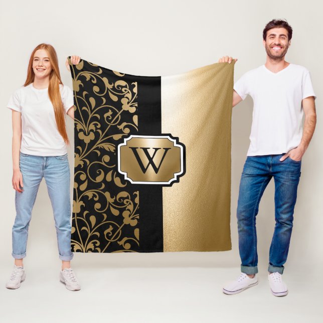 Couverture Polaire Floral Vintage noir et doré (En situation)