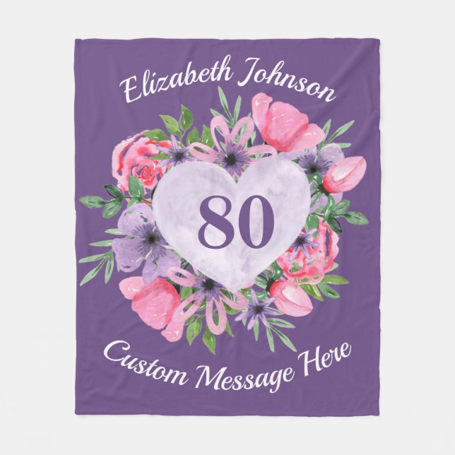 Couverture Polaire Floral violet 80e Anniversaire blanc pour femmes (Devant)