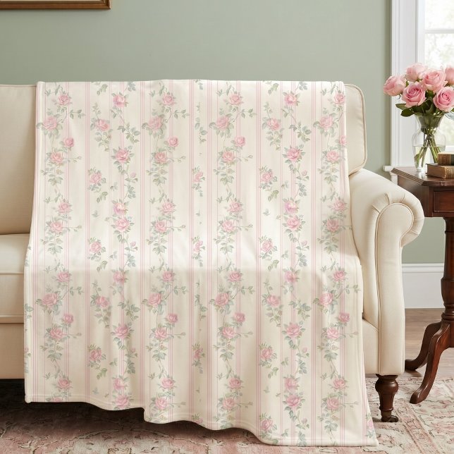 Couverture polaire florale rose rose (elegant coquette pink rose floral stripe fleece blanket)