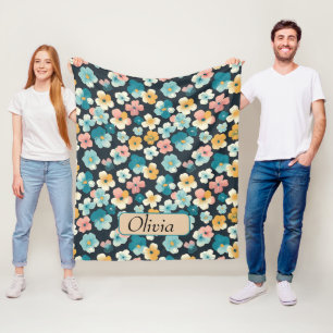 Couverture Polaire Flore vintage en bleu et jaune