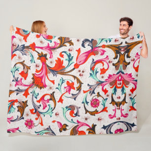 COUVERTURE POLAIRE FLORENTINE RENAISSANCE ROUGE FLEURS, FLEURS