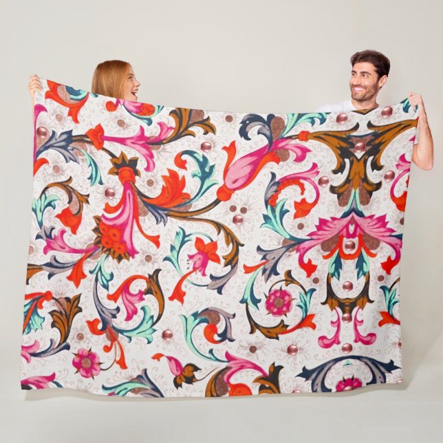 COUVERTURE POLAIRE FLORENTINE RENAISSANCE ROUGE TOURBILLONS FLORAUX,F (En situation)