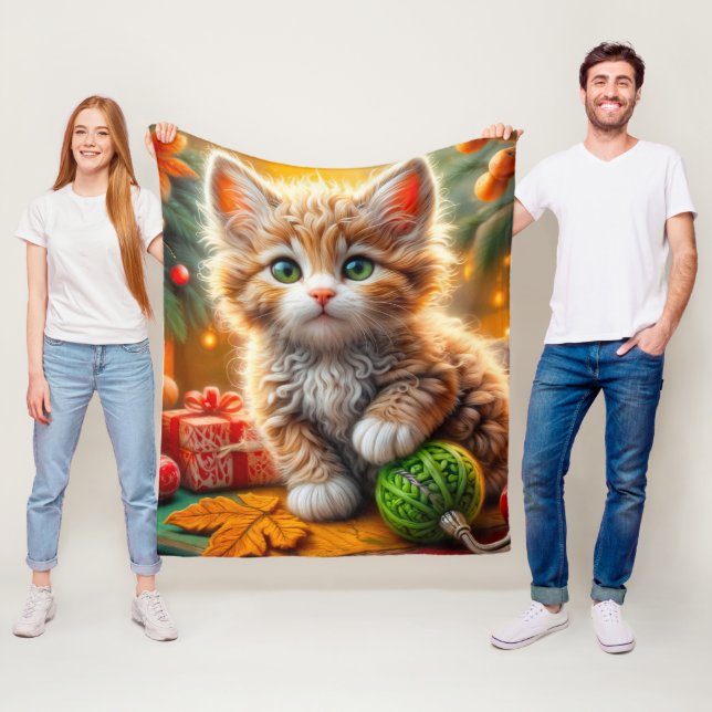 Couverture Polaire Fluffy Christmas Kitten Jeu d'oreiller (En situation)
