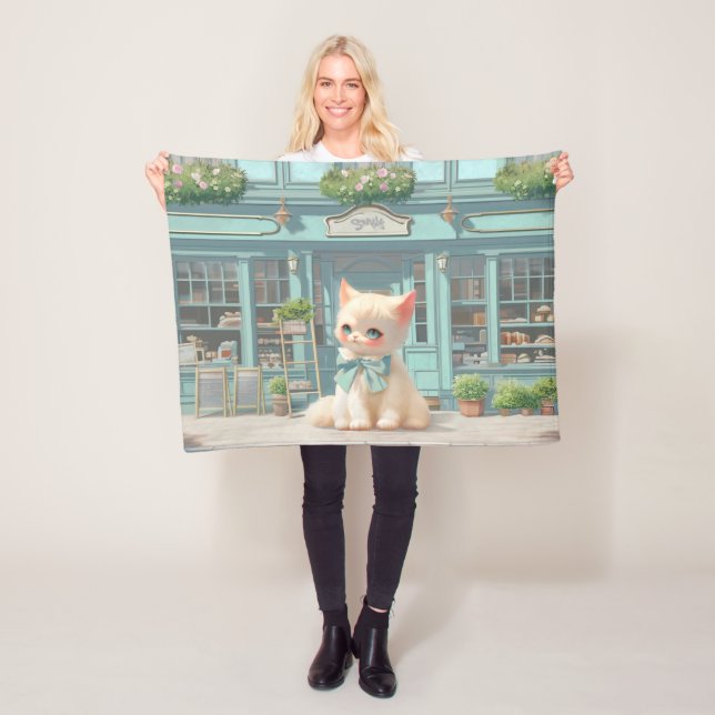 Couverture Polaire Fluffy Kitten avec Blue Bow à la pâtisserie (En situation)