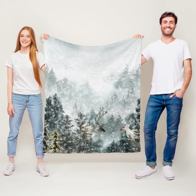 Couverture Polaire Foggy Mountain Woodland Forest Staer Deer (En situation)