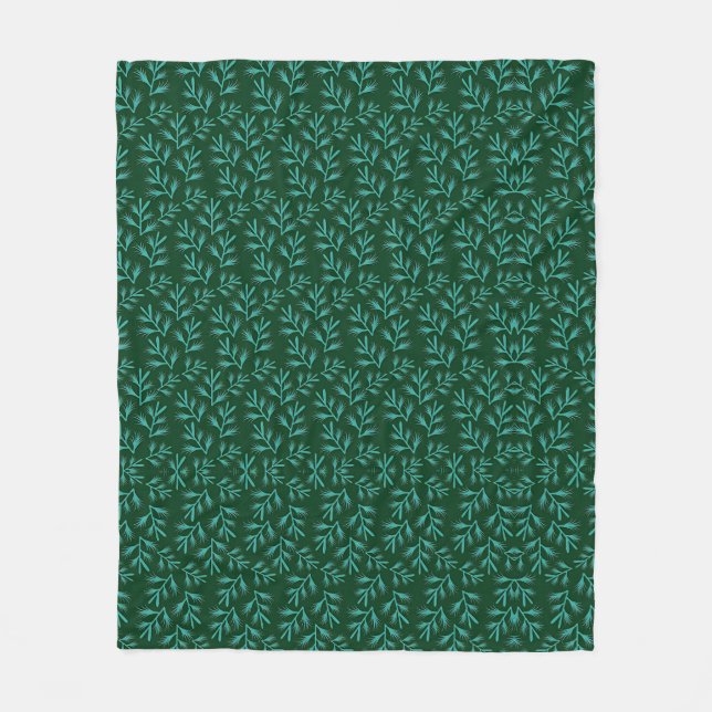 Couverture Polaire Fond vert foncé avec feuilles botaniques sarcelle (Devant)