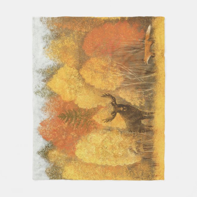 Couverture Polaire Forêt d'automne, cerf numérique et renard. (Devant)