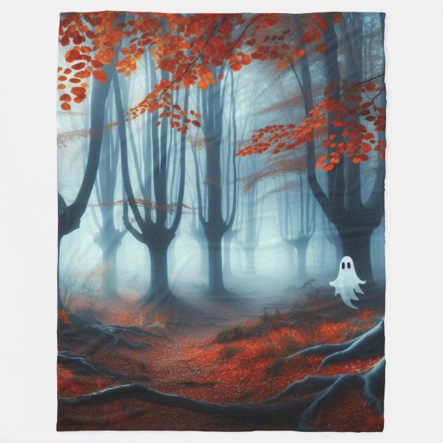 Couverture Polaire Forêts éffrayantes d'automne avec un fantôme (Devant)
