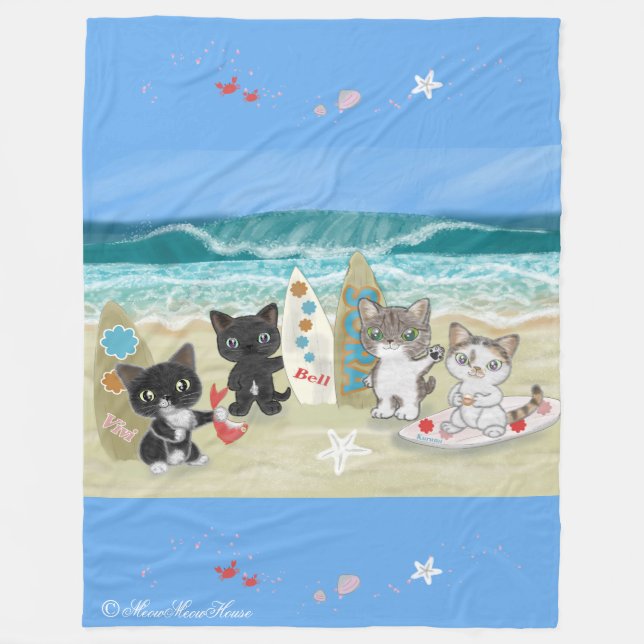 Couverture Polaire Four Surfing cats on the beach (Devant)