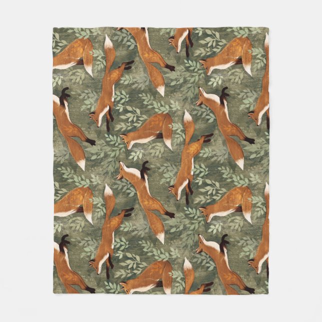 Couverture Polaire Foxes doux en rouille Brown sur vert olive (Devant)
