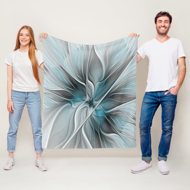 Couverture Polaire Fractal Floral Moderne Abstrait Fleur Bleu Gris (En situation)