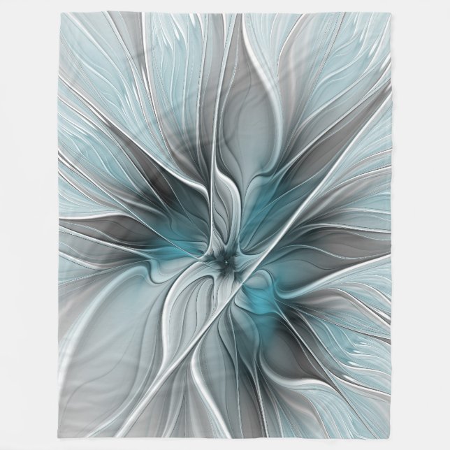 Couverture Polaire Fractal Floral Moderne Abstrait Fleur Bleu Gris (Devant)