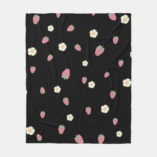 Couverture Polaire Fraises et fleurs Motif noir (Devant)