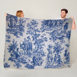 Couverture Polaire Française toile de jouy bleu et blanc élégant