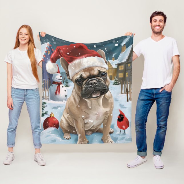 Couverture Polaire French Bulldog Winter Wonderland Christmas Joie (En situation)