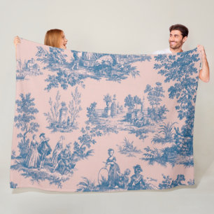 Couverture Polaire French toile de jouy bleu et rose élégant