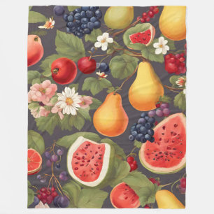 Couverture Polaire Fruits variés, Feuilles luxuriants et fleurs merve