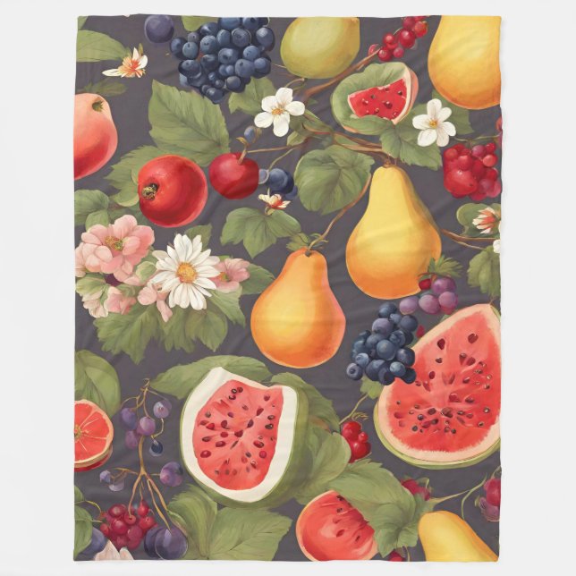 Couverture Polaire Fruits variés, Feuilles luxuriants et fleurs merve (Devant)