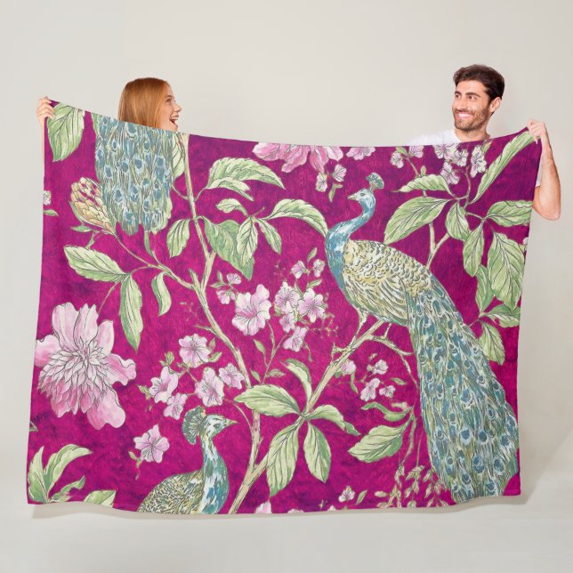 Couverture Polaire Fuchsia Chinoiserie paon floral (En situation)