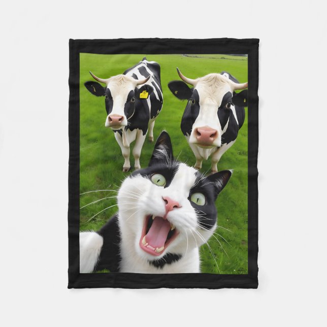 Couverture Polaire Funny Black And White Cat Cow Selfie  (Devant)