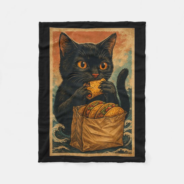 Couverture Polaire Funny Black Cat Eating Tacos Retro Japanese  (Devant)