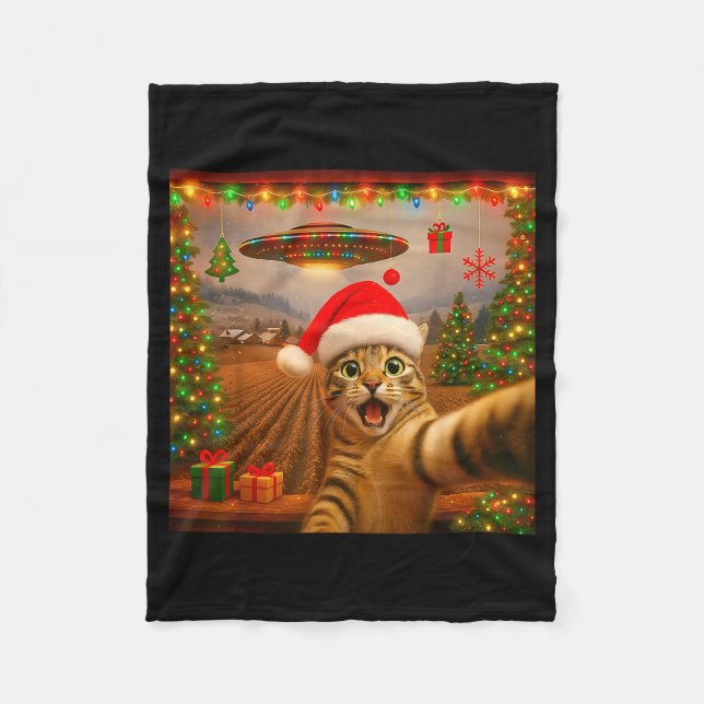 Couverture Polaire Funny Cat Selfie With Alien Ufo Christmas Lights S (Devant)