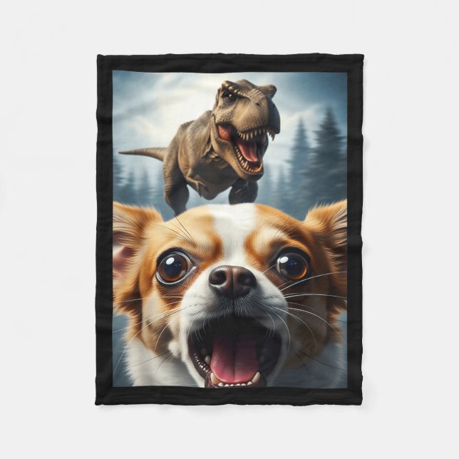 Couverture Polaire Funny Chihuahua Dog Selfie With T-rex Women Men Ki (Devant)