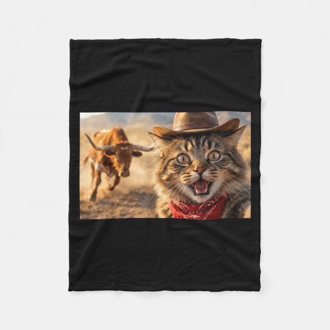 Couverture Polaire Funny Cowboy Cat Selfie With Charging Bull Western (Devant)