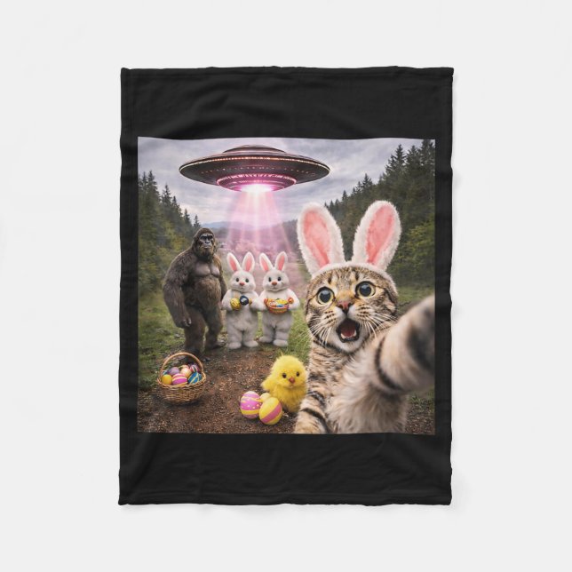 Couverture Polaire Funny Easter Day Cat Selfie avec Bunny Bigfoot UFO (Devant)