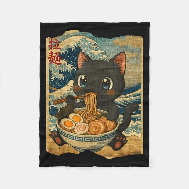 Couverture Polaire Funny Kawaii Black Cat Ramen Noodle Bowl Japanese  (Devant)