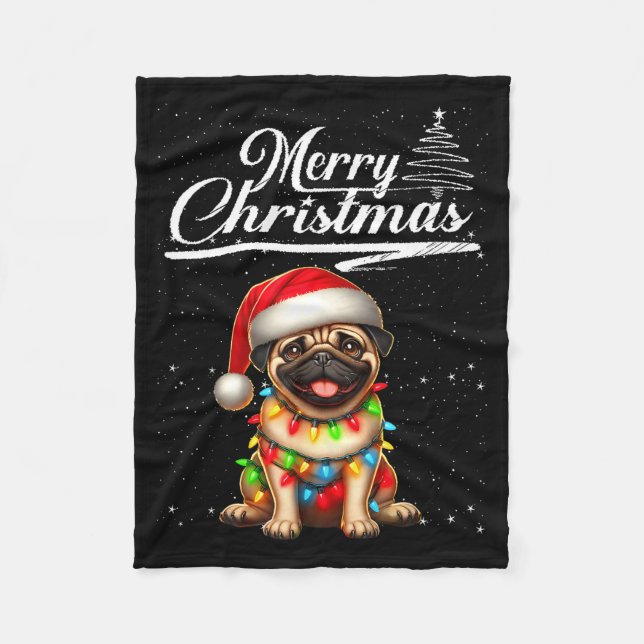 Couverture Polaire Funny Pug Dog Christmas Lights Santa Hat Candy Can (Devant)
