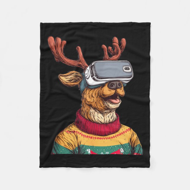 Couverture Polaire Funny Reindeer In Christmas Sweater And Vr Headset (Devant)