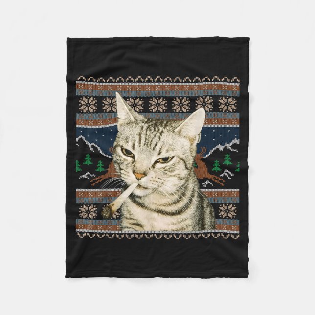 Couverture Polaire Funny Smoking Cat Meme Christmas Ugly Sweater Cat  (Devant)