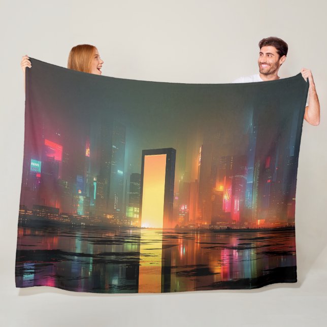 Couverture Polaire Futuristic Cityscape with Neon Reflections (En situation)