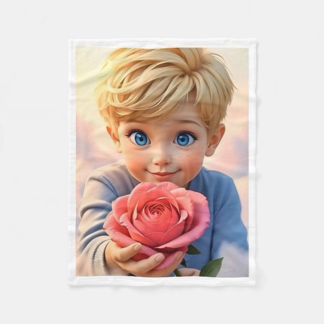 Couverture Polaire Garçon Blond Mignon Tenant une Rose Rose Couvertur (Devant)