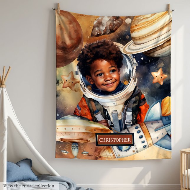 Couverture Polaire Garçons Astronaut Blanket Peau noire Espace aquare (Watercolor Black Boy Astronaut Blanket for Boys)