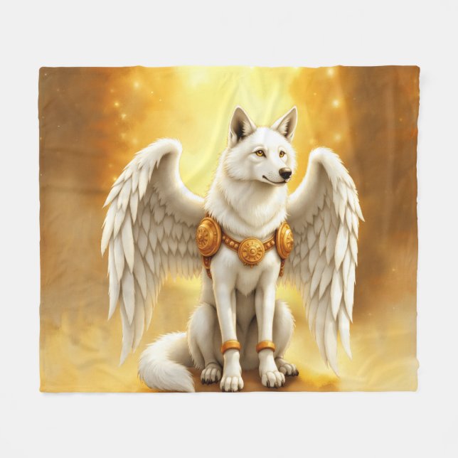 Couverture Polaire Gardien de l'Aube – Le Loup aux Ailes Blanches.  (Devant (Horizontal))