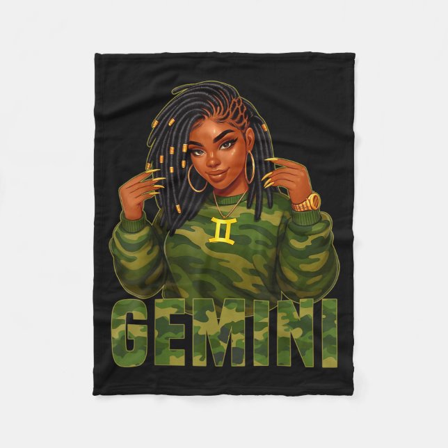 Couverture Polaire Gemini Queen Loc'd Black Woman Camo Zodiac Sign  (Devant)