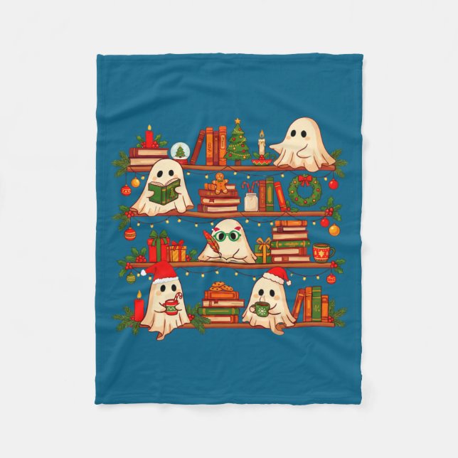 Couverture Polaire Ghost Christmas Hat Reading Book Bookshelf Lover L (Devant)