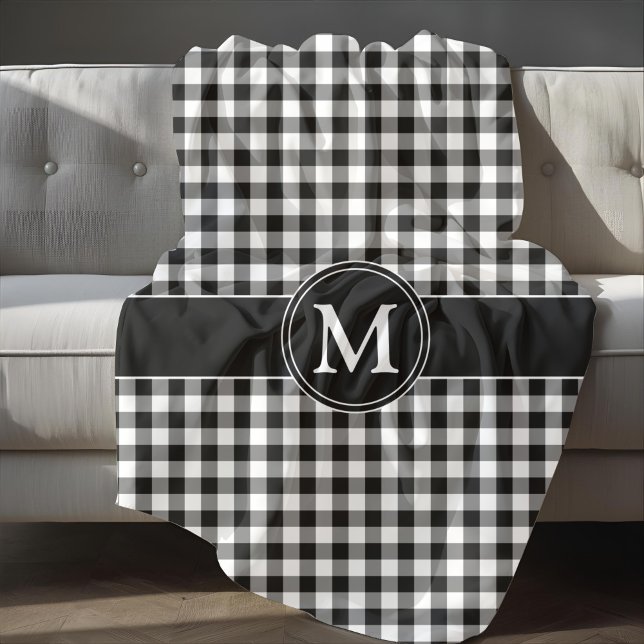 Couverture Polaire Gingham noir et blanc à monogramme (Monogram Black And White Gingham Fleece Blanket)