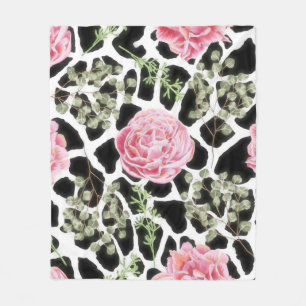 Couverture Polaire Giraffe Imprimé noir et blanc avec des roses roses