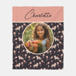Couverture Polaire Girls Floral Unicorn Photo personnalisée avec nom