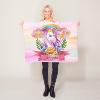 Couverture Polaire Girls mignonne violet licorne arc-en-ciel Nom pers