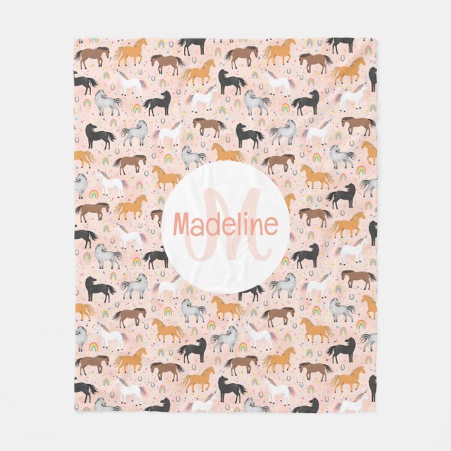 Couverture Polaire Girls Pink Horse Unicorn Rainbow Kids (Devant)
