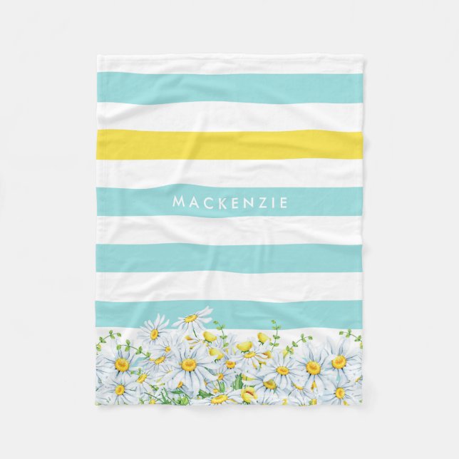 Couverture Polaire Girly Aqua Stripes avec marguerites jaunes et nom (Devant)