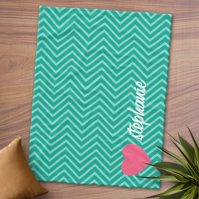 Couverture Polaire Girly Pink Heart and Trendy Chevrons Nom du script (Personalized Fleece Blanket - Add Photos and Text or Customize completely in advanced design area)