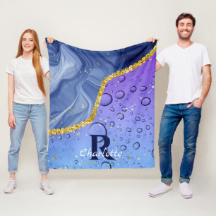 Couverture Polaire Glam Aqua Blue Water Droplets Ombre Monogramme