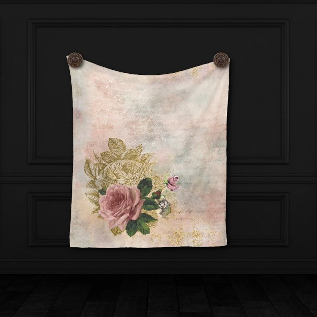 Couverture Polaire Glam Steampunk | Rose rose et or Rustique Floral (Créateur téléchargé)