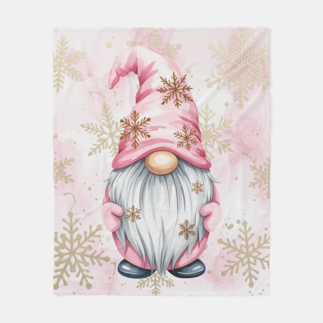 Couverture Polaire Gnome de Noël rose Flocons d'or (Devant)